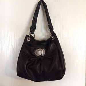 B. Makowski Black Leather Bag Silvertone N…